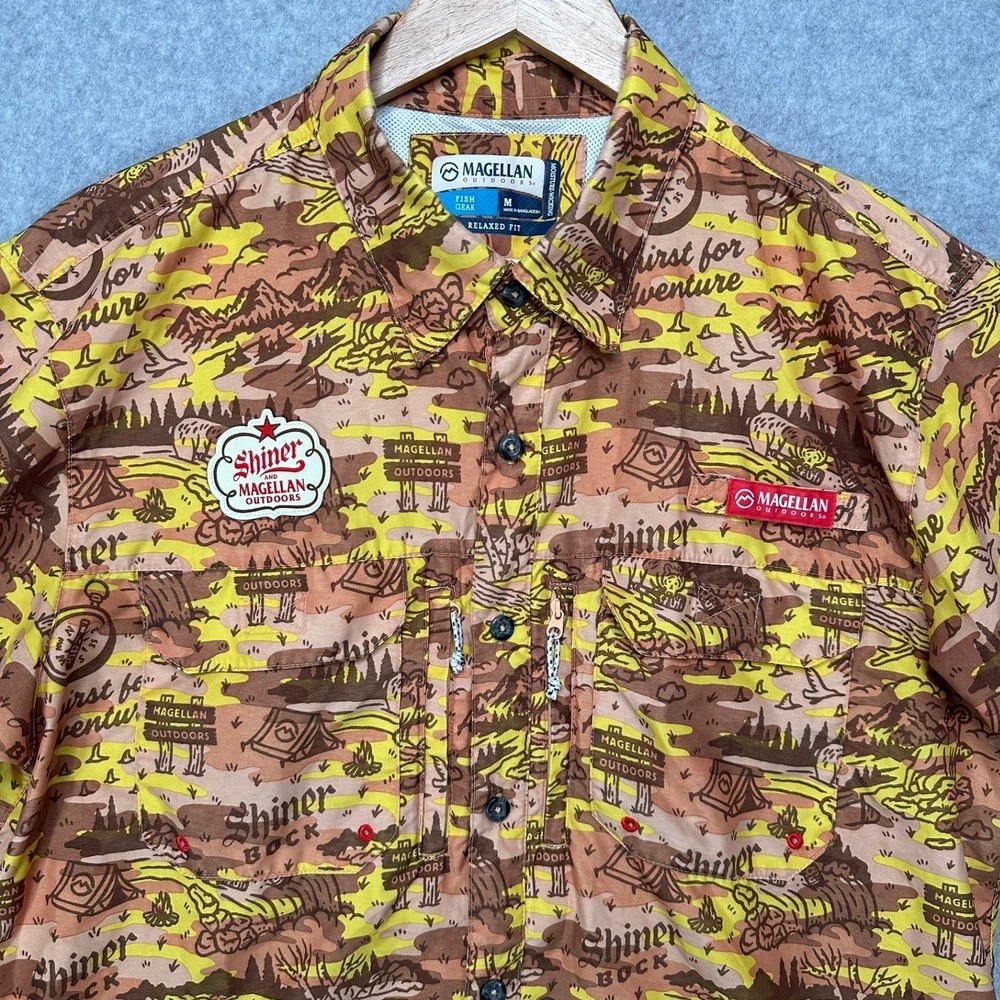 Magellan Outdoors Shiner Bock Fish Gear Shirt Mens Medium Yellow Graphic Button‎